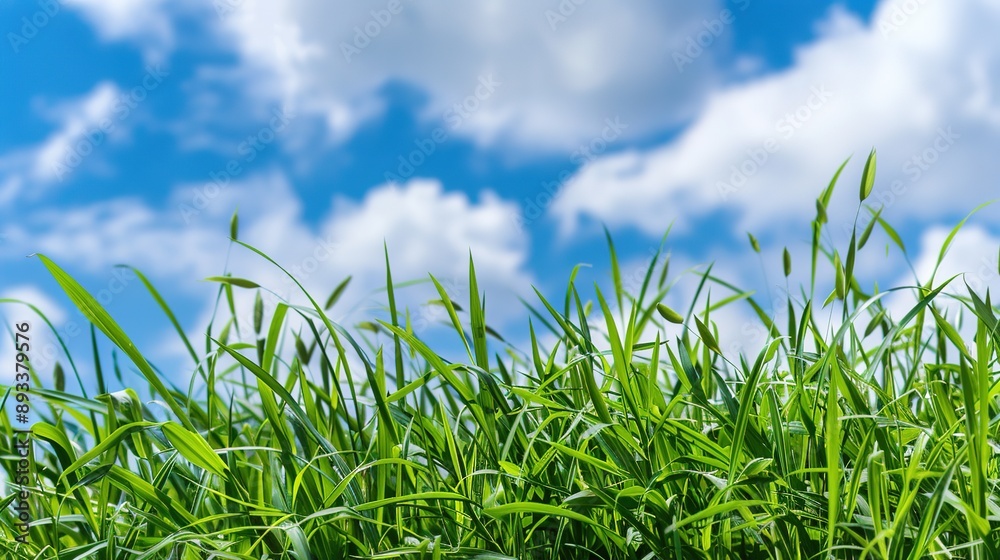 Obraz premium Green Grass and Blue Skies Background