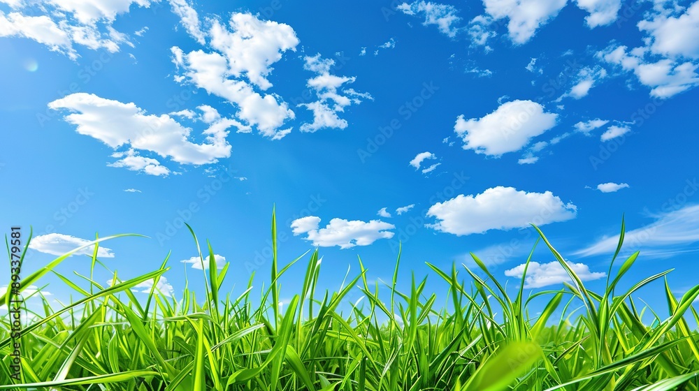 Obraz premium Green Grass and Blue Skies Background