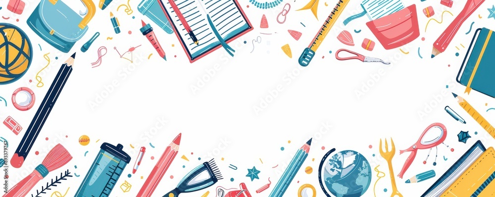 A colorful background with various school supplies such as pencils, pens. Free copy space for text. A colorful background with various school supplies such as pencils, pens. Free copy space for text.