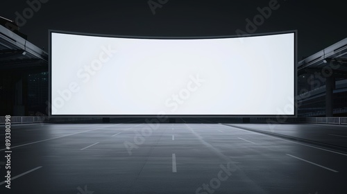 Empty large curved white screen in a dark parking lot, perfect for displaying advertisements or digital content presentations.