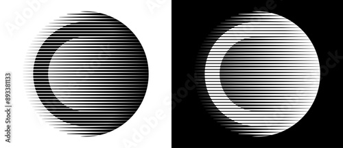 Transition parallel lines in circles. Abstract art geometric background for logo, icon, tattoo. Black shape on a white background and the same white shape on the black side.