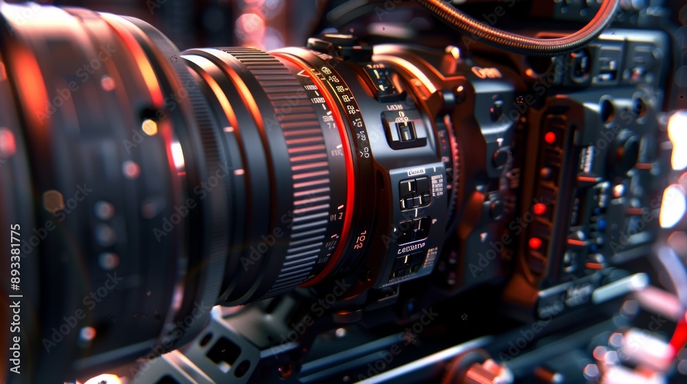A close-up of a professional camera lens with detailed markings and controls. it is part of a larger camera system used for high-quality video or photography. A close-up of a professional camera lens with detailed markings and controls. it is part of a larger camera system used for high-quality video or photography.