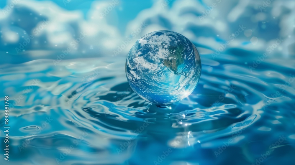 a large, flat water droplet floating above the water surface. The overall impression is one of calmness and purity. The blue shades emphasize the transparency of the water. a large, flat water droplet floating above the water surface. The overall impression is one of calmness and purity. The blue shades emphasize the transparency of the water.