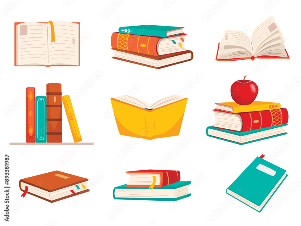 set of stacks of books to read literature, dictionaries, planners with bookmarks. Color vector illustration isolated on a white background set of stacks of books to read literature, dictionaries, planners with bookmarks. Color vector illustration isolated on a white background
