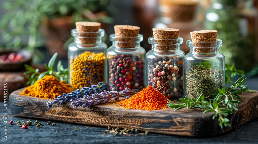 Assorted herbal spices and flowers in glass jars on a rustic wooden board Assorted herbal spices and flowers in glass jars on a rustic wooden board