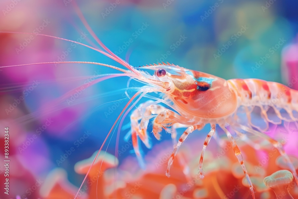 Detailed Photo of a Shrimp in a Colorful Aquarium, Close-Up Detailed Photo of a Shrimp in a Colorful Aquarium, Close-Up
