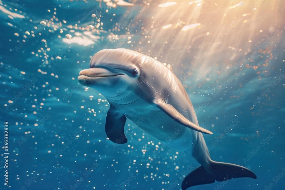 dolphin or Delphinidae swimming underwater under sea life with bubbles and sunbeams in blue deep water dolphin or Delphinidae swimming underwater under sea life with bubbles and sunbeams in blue deep water