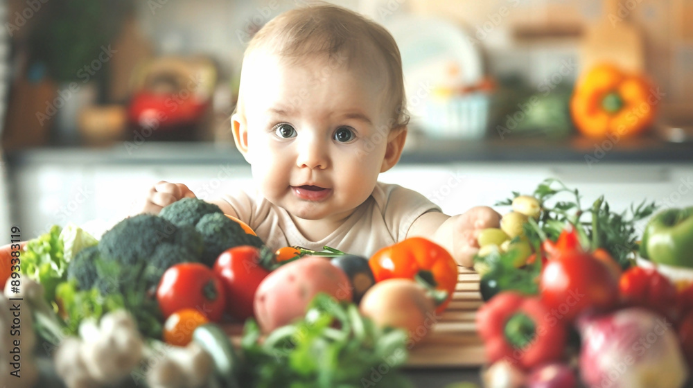 Closeup of a beautiful newborn toddler baby sitting at a kitchen table full of raw vegetables on a plate. Healthy, fresh and organic nutrition for an infant girl indoors Closeup of a beautiful newborn toddler baby sitting at a kitchen table full of raw vegetables on a plate. Healthy, fresh and organic nutrition for an infant girl indoors