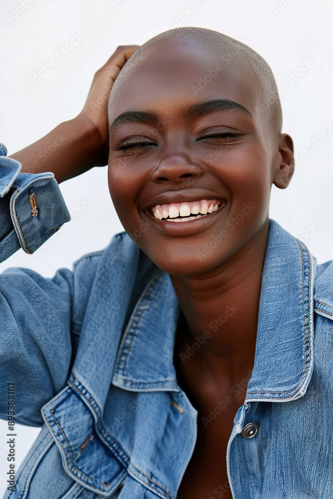 A woman with short, shaved hair is wearing a denim jacket and smiling brightly as she touches her hair A woman with short, shaved hair is wearing a denim jacket and smiling brightly as she touches her hair