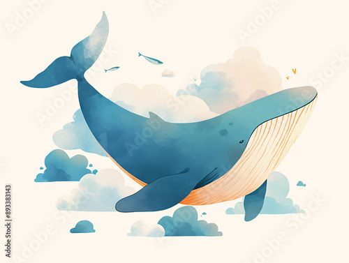 Majestic blue whale swimming gracefully among soft clouds in a dreamy landscape creating a whimsical and serene atmosphere with copy space text for ocean themes photo