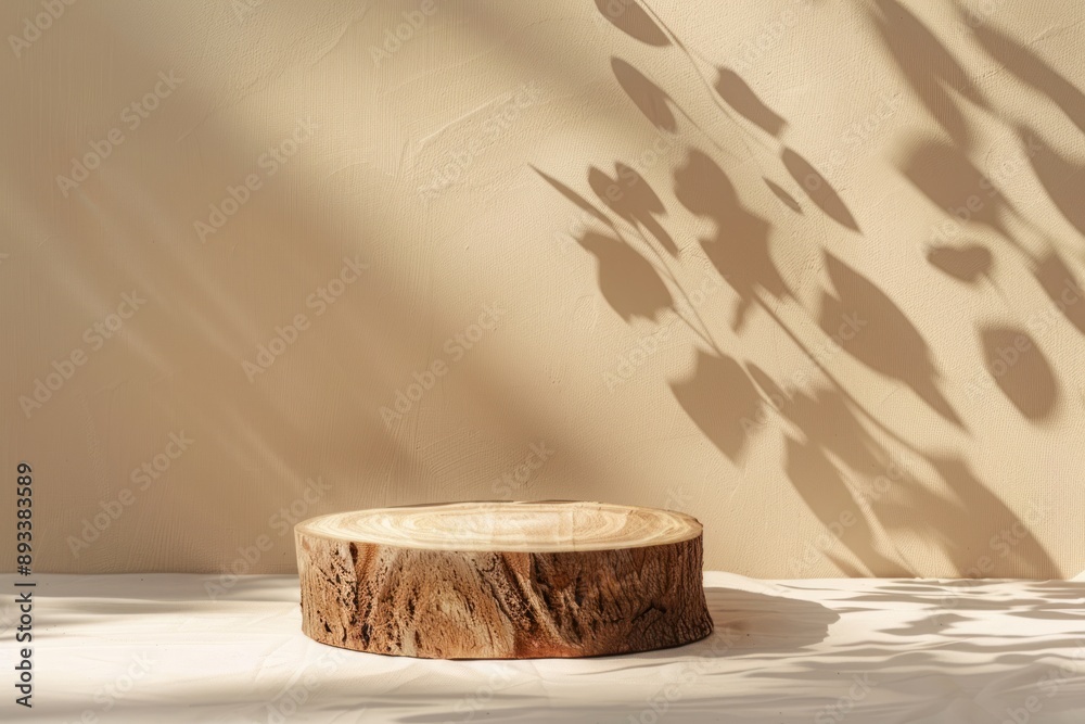 empty natural wooden log with wood grain podium for organic products overlay display under sunlight empty natural wooden log with wood grain podium for organic products overlay display under sunlight