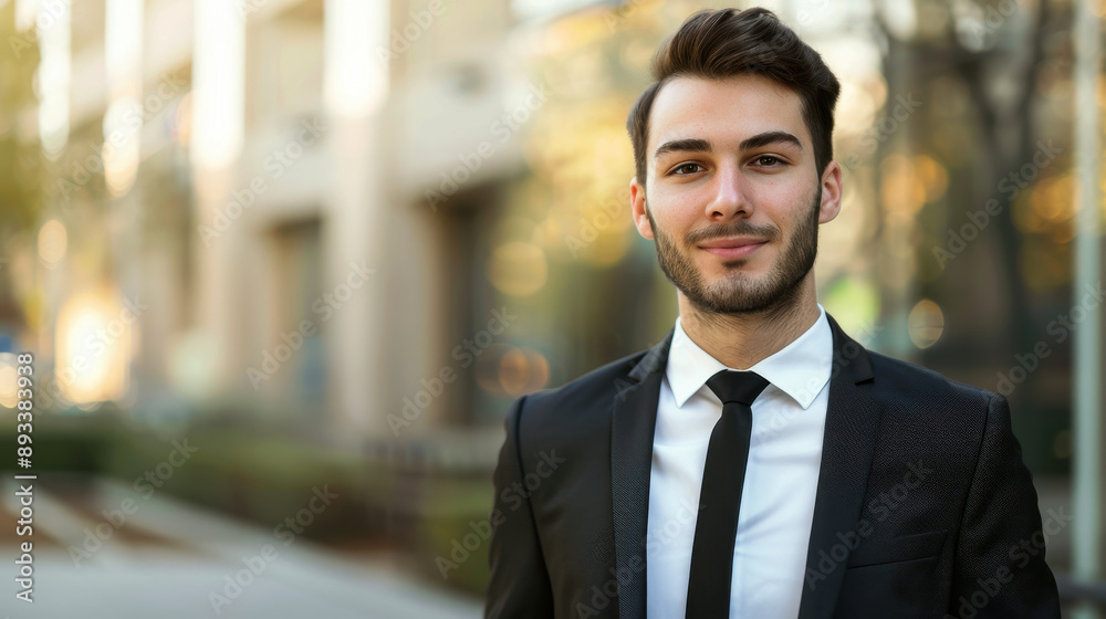 An outdoor employee in a formal suit, gazing at the camera with a friendly expression, leaving space for text on the left side. An outdoor employee in a formal suit, gazing at the camera with a friendly expression, leaving space for text on the left side.