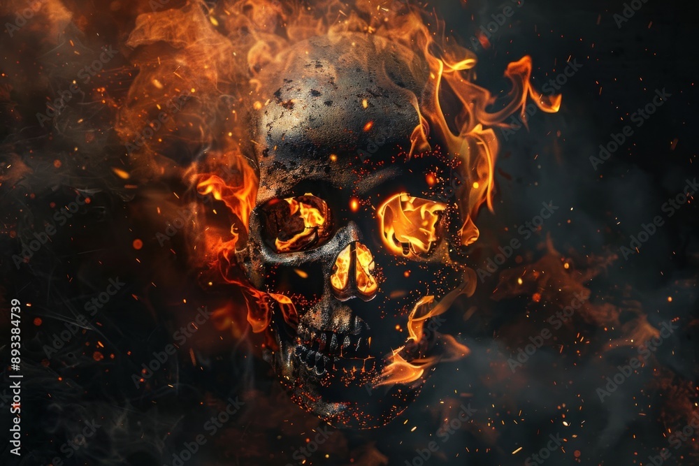 Fiery skull engulfed in flames and embers, set against dark backdrop. Represents themes of war Fiery skull engulfed in flames and embers, set against dark backdrop. Represents themes of war