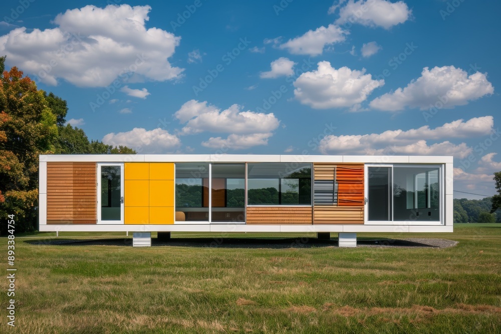 Fototapeta premium A modular wood and white concrete house set in the countryside with green grass around it.