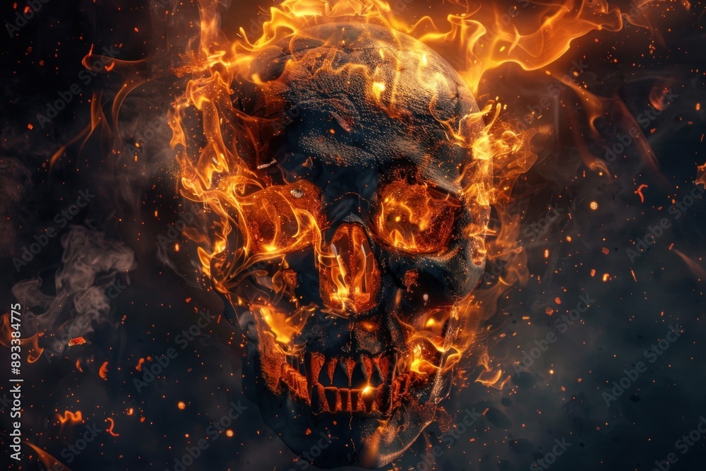 Fiery skull engulfed in flames and embers, set against dark backdrop. Represents themes of war Fiery skull engulfed in flames and embers, set against dark backdrop. Represents themes of war