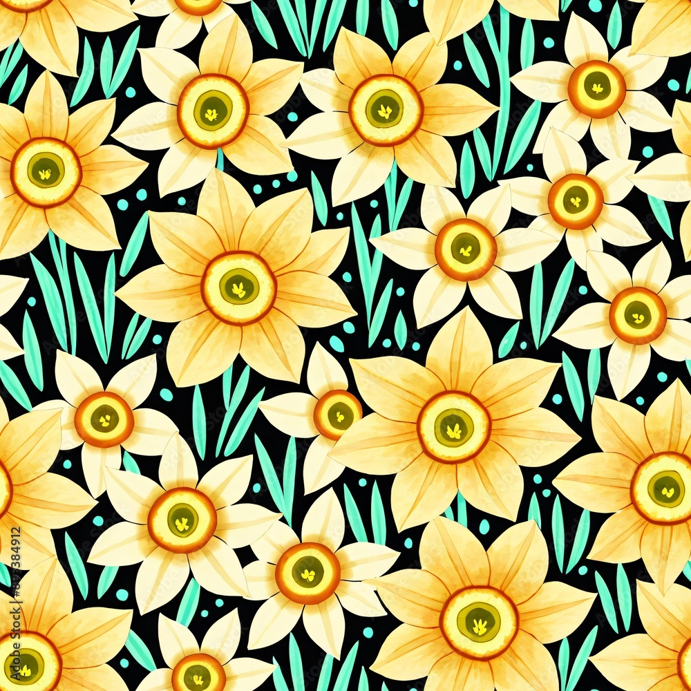 A watercolor pattern of daffodils with gradient shading and organic feel. Seamless for Clothing, Printing, and Tiling A watercolor pattern of daffodils with gradient shading and organic feel. Seamless for Clothing, Printing, and Tiling