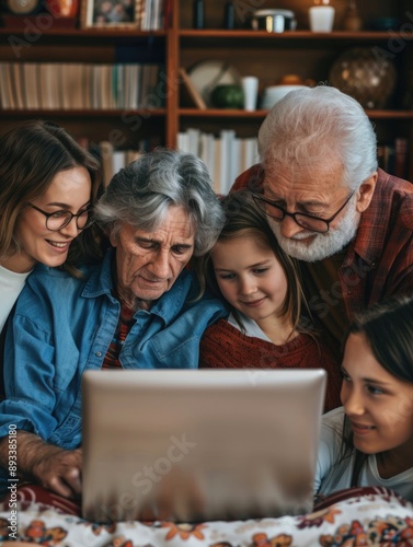 A group of people gathered around a laptop, exploring and discussing something