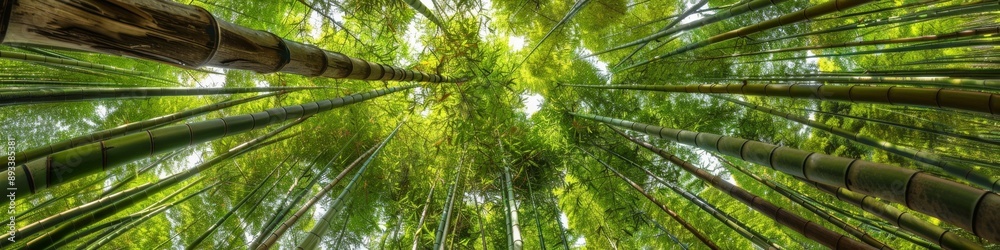 Fototapeta premium Serene Bamboo Forest: Upward View of Lush Green Canopy. Tranquil Meditation Sanctuary Amidst Nature's Embrace. Perfect Mindfulness Retreat After Rain, Celebrating World Environment Day. 4K Wallpaper f