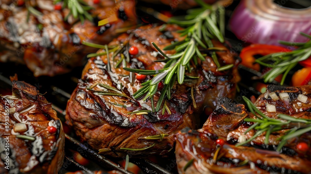 Sizzling Steak Sensation Succulent Grilled Meat with Aromatic Rosemary and Caramelized Onions Perfect for BBQs and Summer Feasts Sizzling Steak Sensation Succulent Grilled Meat with Aromatic Rosemary and Caramelized Onions Perfect for BBQs and Summer Feasts