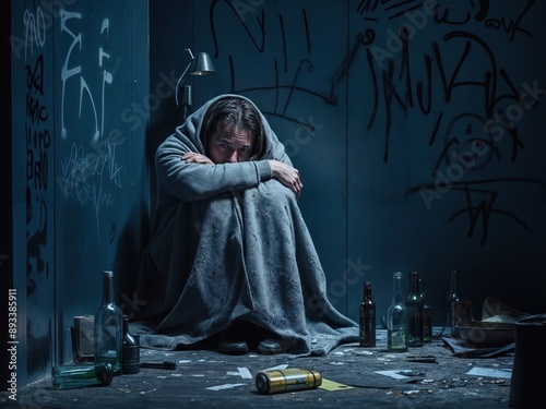 A poignant photo of a person slumped in a dark corner, deeply depressed. In a worn and tattered blanket, sadness weighing heavily on their face. A sense of loneliness and despair envelops the scene