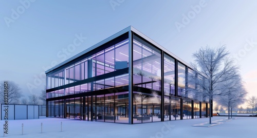 A rectangular glass building with black steel frames