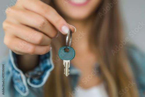 Hand holding the key, a happy woman showing the key to her new apartment, realtor selling the apartment