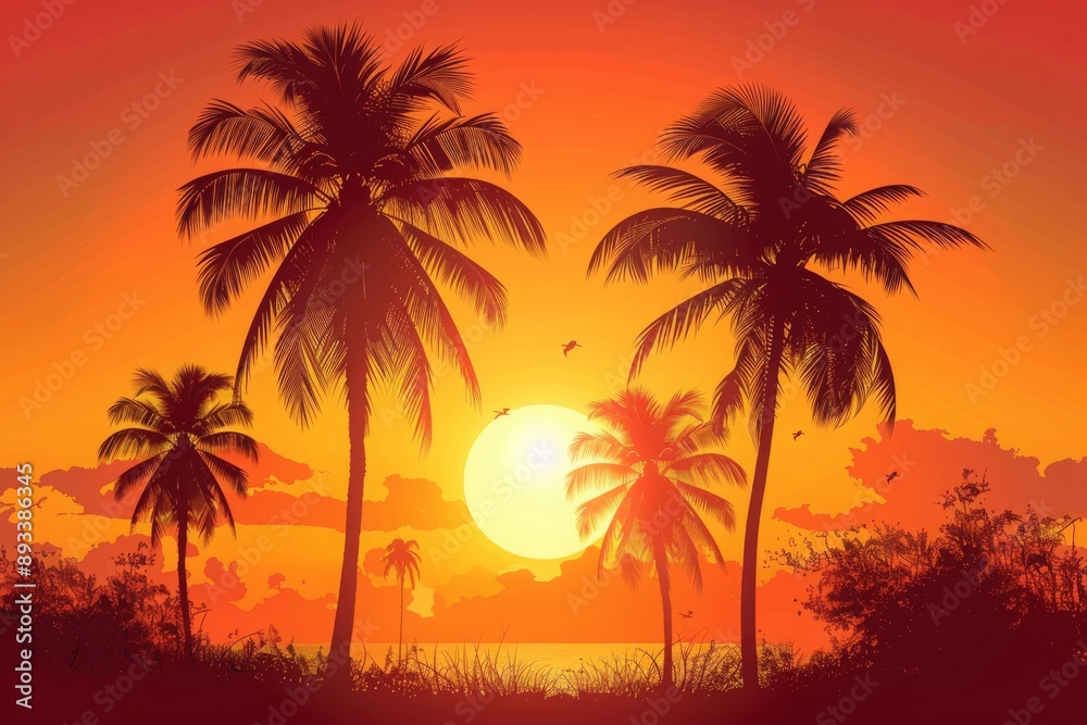 Fototapeta premium Tropical Sunset with Silhouetted Palm Trees