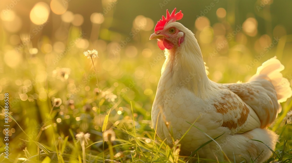 Fototapeta premium Serene Dawn Chicken in Meadow. AI-generated image of a white chicken. Perfect for nature-themed designs. Evokes peace and simplicity of countryside life