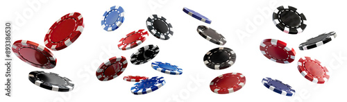 Set of casino chips falling in the air, cut out