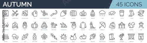 Set of 45 outline icons related to autumn. Linear icon collection. Editable stroke. Vector illustration