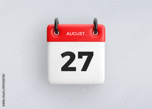 3D calendar icon with date 27 August on grey background. Vector schedule symbol.