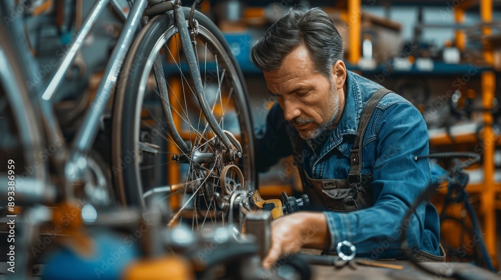 Obraz premium bicycle being repaired in the shop by a professional by a man.