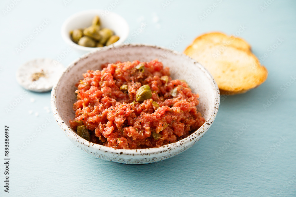 Traditional steak tartare with capers Traditional steak tartare with capers