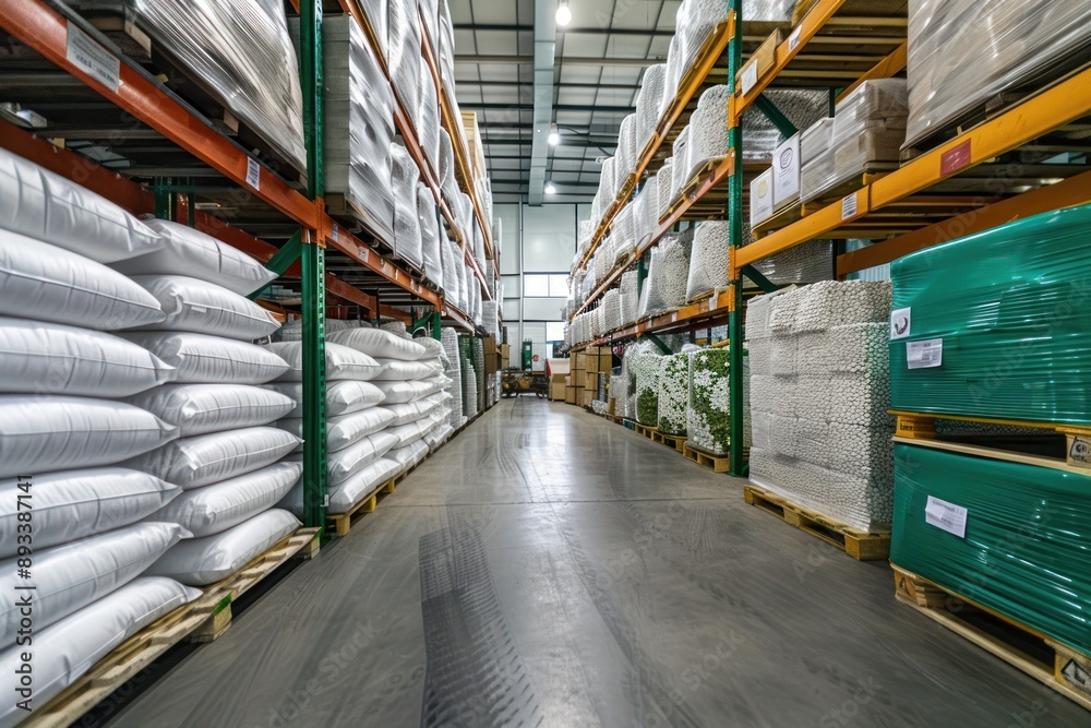 Fototapeta premium Indoor plant fertilizers stored on pallets in a factory warehouse