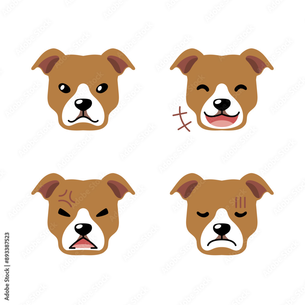 Set of cute character pit bull terrier dog faces showing different emotions for design. Set of cute character pit bull terrier dog faces showing different emotions for design.