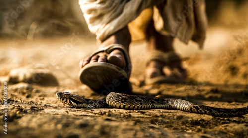 A venomous snake lies in wait, concealed by the dry earth, as a figure in sandals unknowingly approaches photo