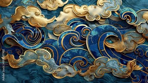Golden Waves of Elegance Stunning Blue and Gold Abstract Design with Intricate Details Perfect for Backgrounds Wall Art and Creative Projects