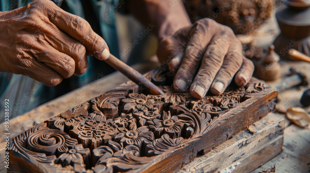 Artisan carving intricate designs into a block of agarwood Artisan carving intricate designs into a block of agarwood