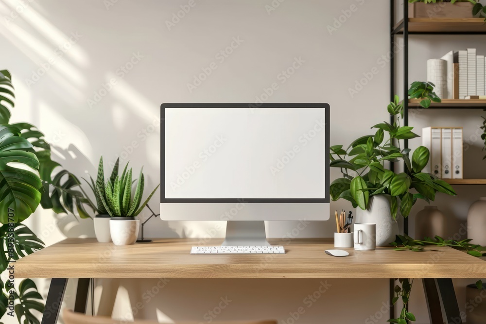 Mockup of computer monitor on desk in contemporary minimalist home office with plants