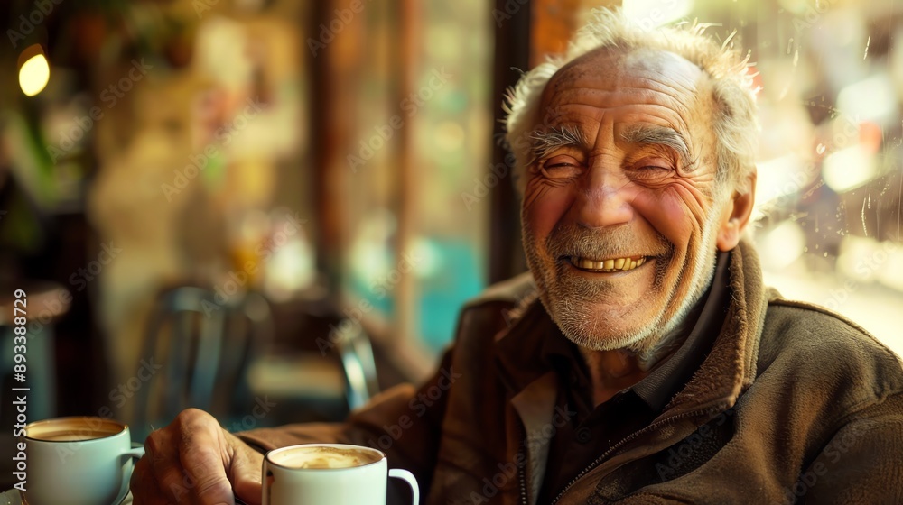 A cheerful elderly man smiles brightly while enjoying coffee at a cafe. His happy expression and warm gaze convey a sense of contentment and peace. A cheerful elderly man smiles brightly while enjoying coffee at a cafe. His happy expression and warm gaze convey a sense of contentment and peace.