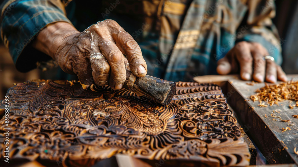 Artisan carving intricate designs into a block of agarwood Artisan carving intricate designs into a block of agarwood