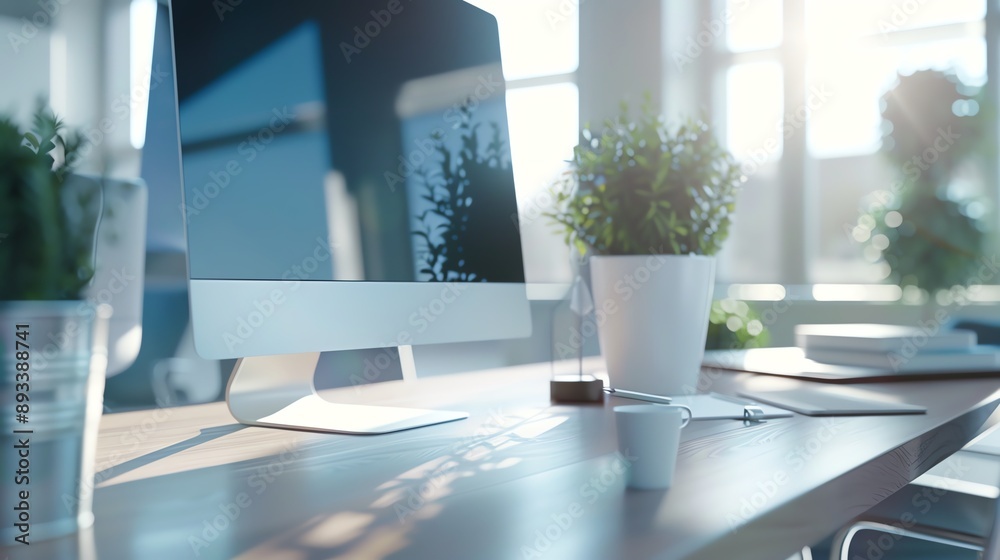 Fototapeta premium A clean, modern office desk with a computer, plants, and office supplies. Sunlight streams in through the window.