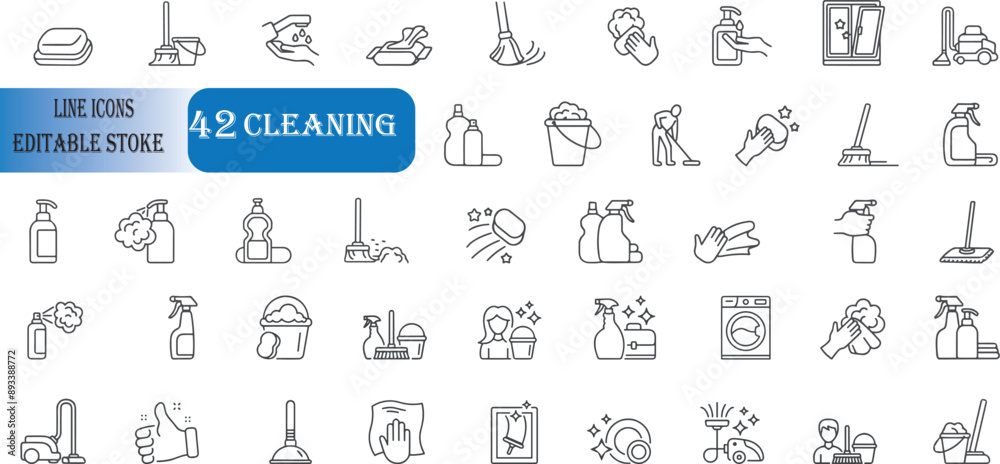 Set of 42 outline icons related to cleaning