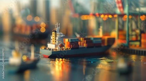 A cargo ship docked at a busy harbor, with other vessels and cranes in the background. The image has a pixelated, stylized effect.