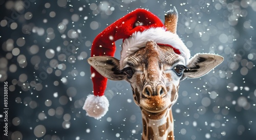 Giraffe Wearing Santa Hat in Snow