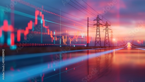 A stock market graph with electric pylons in the background, symbolizing energy company growth.