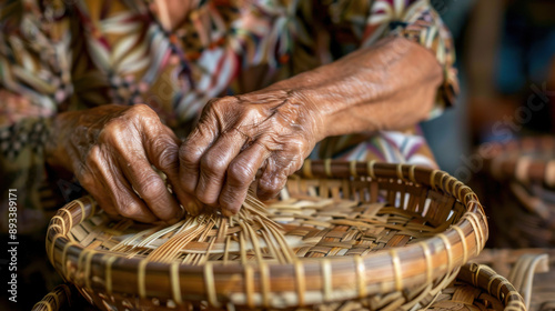 Artisan skillfully weaving a traditional bamboo basket, hands in focus