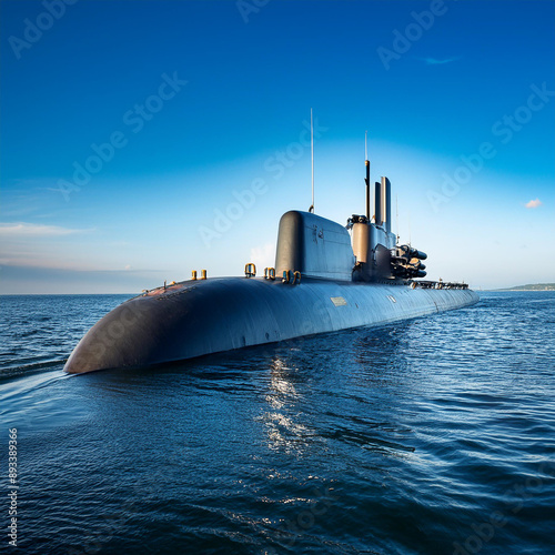 a large military submarine on the surface of the water