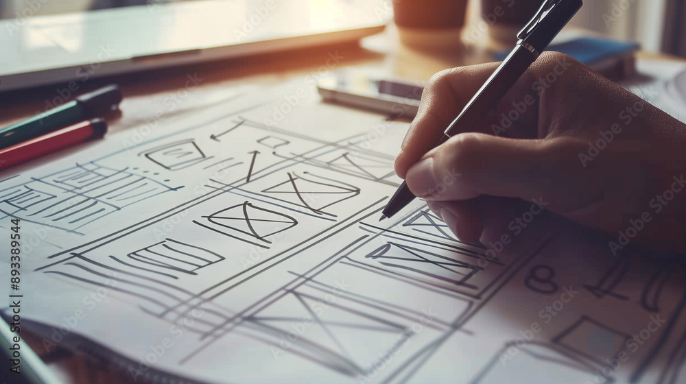 Person sketching wireframes for a website design. Person sketching wireframes for a website design.