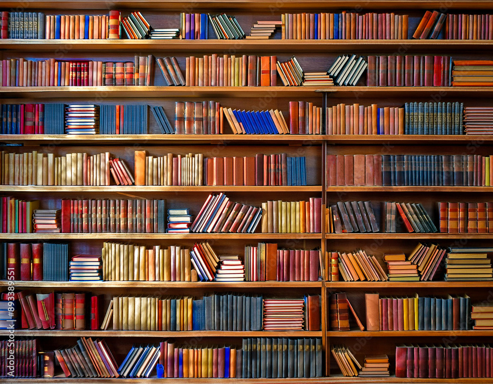A library with many books. Close-up with a bookcase on a wall. A library with many books. Close-up with a bookcase on a wall.